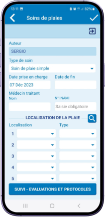 Ecran soins de plaies dans l'application Mobicyc, la version mobile d'Inficyc.