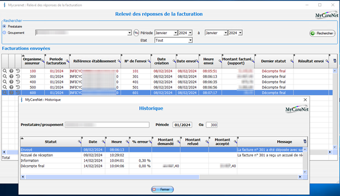 Capture d'écran des fonctionnalités dans Inficyc.